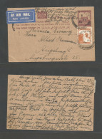 PALESTINE. 1934 (27 May) Jerusalem, Beth Bluin - Germany, Bayern. Air 4p Red Stat Card + Adtl, Cds Uprated. Fine. Intere - Palestine