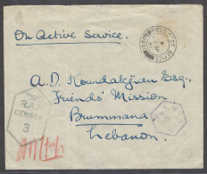 PALESTINE. 1941 (23 Sept). WW II OAS FPO 201 Lebanon, Brummana (29 Sept). Armenian Citizen Doble Censored Cover. Via Bey - Palestine