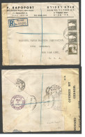 PALESTINE. 1942 (24 Nov) Tel Aviv - USA, NYC (9 March 43). 4 Months Transit. Censored Multifkd Envelope. - Palestine