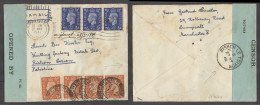 PALESTINE. 1941 (28 March). UK, Manchester - Rishon Le Tsiyon. GB Fkd Censored Arrival Green Label Tied Cds. Fine Scarce - Palestine