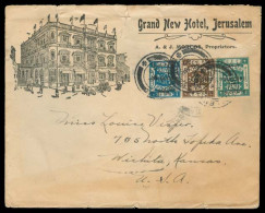 PALESTINE. 1922 (26 March). Jerusalem - USA. Grand New Hotel Ilustrated Env / Tricolor Fkd Ovptd Issue. Fine. - Palestine