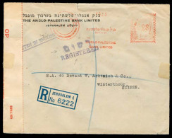 PALESTINE. 1940 (27 Feb). Jerusalem - Switzerland. Reg Fkd Censored Env / Special Bilingual R-cachet + J3 / 69 / 7333 Ce - Palestine