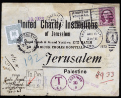 PALESTINE. 1933 (Aug 8). Cover From USA Franked By Washington 3c Mauve Tied Indianapolis Cancel, Underpaid And Used To J - Palestine