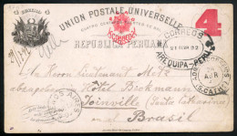 PERU. 1892 (21 Feb). PERU-BRAZIL Arequipa To Brazil/Joinville (28 April). 4c.stat.card Via Argentina. Scarce LatinAmeric - Pérou