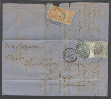 PERU. 1875 (16 Sept). GB - Panama - Peru. Mixed Fkg Preston, UK - Lima (16 Oct). Fkd EL GB 6d Pl 14 + 1sh Green Pl 11, T - Pérou