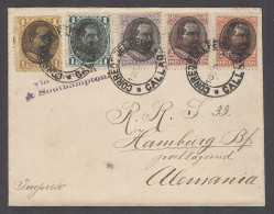 PERU. 1895 (10 Dec). Callao - Germany (11 Jan). Multifkd Env Via London And Southampton Violet Cachet 8cts Rate With 1c  - Pérou