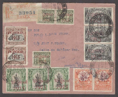 PERU. 1915 (13 Dec). Lima - Argentina (29 Dec). Reg Multifkd Ovptd Issue Env. Shifted Ovpts / 13 Stamps. XF. - Pérou