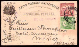 PERU. 1901. Lima - Mexico. 3c Stat Card + Adtl. Fine + Scarce Dest. Via Panama Cds. - Pérou