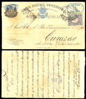 PERU. 1892. Lima - Curaçao. Stat Card + Adtl. Scarce Destination Mail Arrival Cds On Front. Via Bl. Panama Cds. - Peru