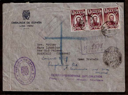 PERU. 1939. Lima / UK. Registered Frkd. CONSULAR Env. / Spain. - Pérou