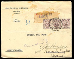 PERU. 1932 LIMA-AUSTRALIA  Registered Frkd.env.  Scarce Dest. - Pérou