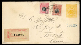 PERU. 1919. 10c Yellow Postal Stationery Envelope Sent Registered To CANADA Up-rated With 1918 4c And 8c Tied By Lima Cd - Pérou