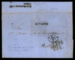 PERU. 1858. Lima To Spain. E. Forwarded By G. Murrieta Via France/Espagne. Scarce Marks And Route/London. - Peru