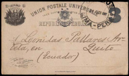 PERU. 1887(31 Dic). Lima To Quito/Ecuador. 3c Stationary Card.Ovpt. Scarce Usage To Neighbourgh Country. - Peru
