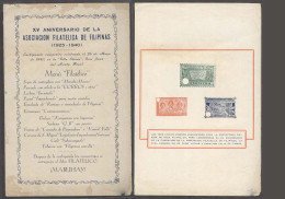 PHILIPPINES. 1940. Philatelic Menu For XV Anniv Philatelic Society Bent Ilustrated Folio, Incl Pescado Alioli Corros 185 - Filipinas