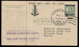 PHILIPPINES. 1943 (30 Dec). Manila Local Stat Card Used Comm Usage With Scarce Slogan VF. - Filipinas