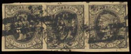 PHILIPPINES. 1869. 20M (3). HPN. 3 1/8c Negro. Tira Horizontal De 3, Mat Judicial. Sobrecarga Parcialmente A Caballo. Bu - Filipinas