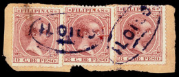 PHILIPPINES. 1890. 8 C. P. X 3. Pelon. Mat. Oval "Iloilo" En Azul. Precioso. - Filippine