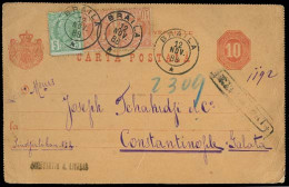 ROMANIA. 1888 (12 Nov). Braila - Turkey / Constantinople. Reg 10b Red Embossed Stat Card + 3 Adtls 10b X2 + 5b / Cds + A - Autres & Non Classés