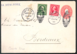 PUERTO RICO. 1901. Ponce To France. Stationery Envelope + 2 Adtl. - Puerto Rico