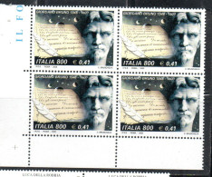 ITALIA REPUBBLICA ITALY REPUBLIC 2000 GIORDANO BRUNO QUARTINA ANGOLO DI FOGLIO BLOCK MNH - 1991-00: Mint/hinged