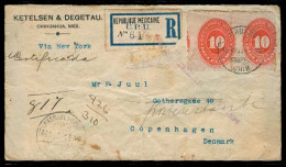 MEXICO. 1894 (23 Aug). Chihuahua - Denmark. Reg Medalion 10c Pair / Cds. Via Texas + NY. Scarce Danish Establ. Cº + Dest - Mexique