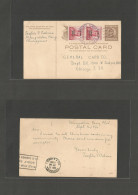 PHILIPPINES. 1946 (16 Sept) Mungaldan, Pangan - USA, Chicago, Ill. 2c Brown Stat Card + 2 Adtls VICTORY Ovptd Issue. Fin - Filipinas