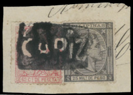 PHILIPPINES. SPANISH PHILIPPINES. C1879. Small Piece Franked By 1878 25m Black And 1874 62c Rose Red Tied By Rare Negati - Filipinas