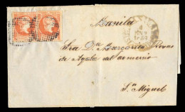 PHILIPPINES. 1859 (4 Enero). Ed.7 (x2). Manila To San Miguel. E.franked. 5c.vermilion (x2) Tied Cork Dots, Large Manila  - Filipinas