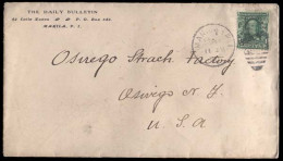 PHILIPPINES. 1908 (Sept 11) Manila To Osirigo, NJ, USA. Envelope Franked USA 1 Cent Green Ovptd. (Sc 226) Tied Cds. Carr - Filipinas