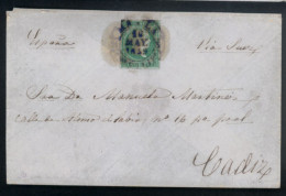 PHILIPPINES. 1859 (16 May). Ant.2. Manila A Cadiz/Peninsula. Sobre Con Franqueo En El Centro El 1Rl.verde Con Filigrana  - Filippine