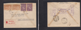 PHILIPPINES. 1934 (18 Apr) Manila - San Remo, Italy (19-20 May) Registered Multifkd Transited Envelope Sports Issue Bask - Filipinas