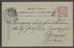 MONTENEGRO. 1904 (13 Feb). Cettigne - Bosnia, Sarajevo (16 Feb). 10 Para Red Black Stat Card. Fine Used Proper Text Arri - Montenegro