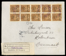 PARAGUAY. 1919(Aug 2nd). Registered Cover To Copenhagen, Denmark Franked By 1918 ‘Habilitado’ 40c Brown Block Of Ten Tie - Paraguay