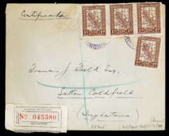 PARAGUAY. 1928(April 24th). Registered Cover To Sutton Coldfield, UK Franked By Single And Strip Of Three 1927 1p 50c Br - Paraguay