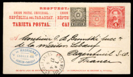 PARAGUAY. 1915(March 30th). 4c Red Postal Stationery Card, Reply Half, Used To France, Up-rated With 1913 1c Grey And 20 - Paraguay