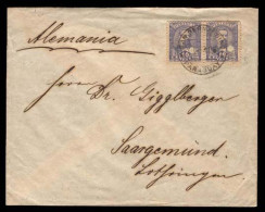 PARAGUAY. 1896 (April 25). SC 37º(2). San Bernardino To Germany (23 May). Envelope Franked 10c Lilac (x2) Puncholed, Tie - Paraguay