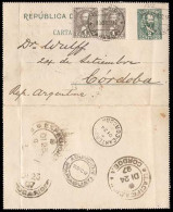 PARAGUAY. 1897(15 Dec). Sc.33º(2). Villa Rica To Cordoba/Argentina. 2c.green Stat.card-env + 2 Adtls, Tied Cds Via Asunc - Paraguay