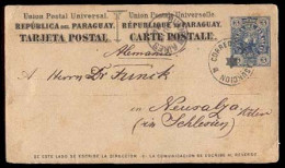 PARAGUAY. 1886 (4 June). Asuncion To Germany. Early 3c Blue Stationary Card Cancelled Star C.s. Via Buenos Aires. VF Ear - Paraguay