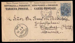 PARAGUAY. 1886 (1 May). Asuncion To Germany. 3c Blue Stationary Card, Used Star C.s. Via Buenos Aires (7 May) + Arrival  - Paraguay