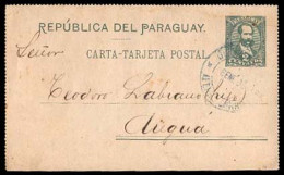 PARAGUAY. 1903 (Jan. 27). Asuncion To Aregua. 2c Green Stationary Card With Blue RAILWAY Cancel. F-VF. - Paraguay