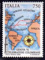 ITALIA REPUBBLICA ITALY 1992 MANIFESTAZIONI COLOMBIANE SCOPERTA DELL'AMERICA DISCOVERY CARTA GEOGRAFICA MAP LIRE 700 - 1991-00: Ungebraucht