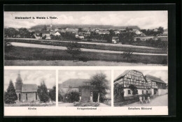 AK Steinsdorf B. Weida I. Thür., Ortsansicht, Kirche, Kriegerdenkmal, Schallers Bäckerei  - Weida