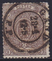 Belgique - N°25  Petit Lion Dentelé 5c Brun Oblit. Centrale "GAND /28-1/ P.P." (imprimés) - 1866-1867 Kleine Leeuw