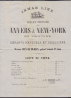 Affichette Publicitaire "Inman Line /Service Régulier Entre ANVERS & NEW-YORK" Datée 1 Juin 1869 De ANVERS (au Dos: Frag - Posters