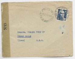 GANDON 4FR GRAVE SEUL LETTRE COVER PARIS 78 28.2.1945 POUR USA + CENSURE  AU TARIF - 1945-54 Marianne Of Gandon