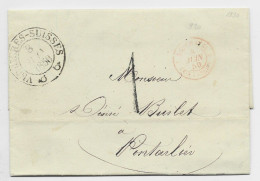 HELVETIA SUISSE VERRIERES SUISSES 8 MAI 1850  LETTRE COVER PONTARLIER DOUBS TAXE TAMPON 1 + SUISSE PONTARLIER FRONTALIER - 1843-1852 Timbres Cantonaux Et  Fédéraux