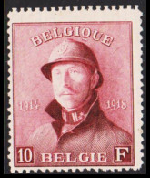 1910. BELGIE Albert I. With Helmet. 10 F Beautifully Centered And Perforated HINGED Stamp. Ra... (Michel 158) - JF543765 - 1915-1920 Albert I