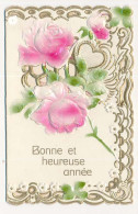 CPA Double 9 X 14 Gaufrée  (33) "Bonne Et Heureuse Année..." Roses  (2 Scans) - Fleurs