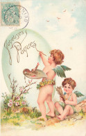 Angelots Peintre * CPA Illustrateur Gaufrée Embossed 1906 * Ange Angel Angelot Joyeuses Pâques Oeuf Egg Peinture - Anges